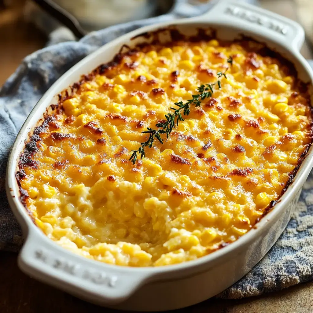 A creamy corn casserole topped with a golden crust and garnished with a sprig of thyme.