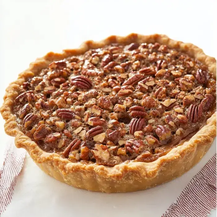 A freshly baked pecan pie with a golden crust and a rich filling topped with whole and chopped pecans.