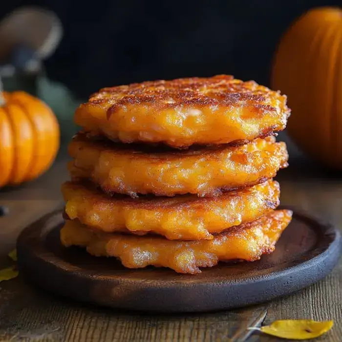 A stack of golden-brown pumpkin fritters sits on a wooden plate, with decorative pumpkins in the background.