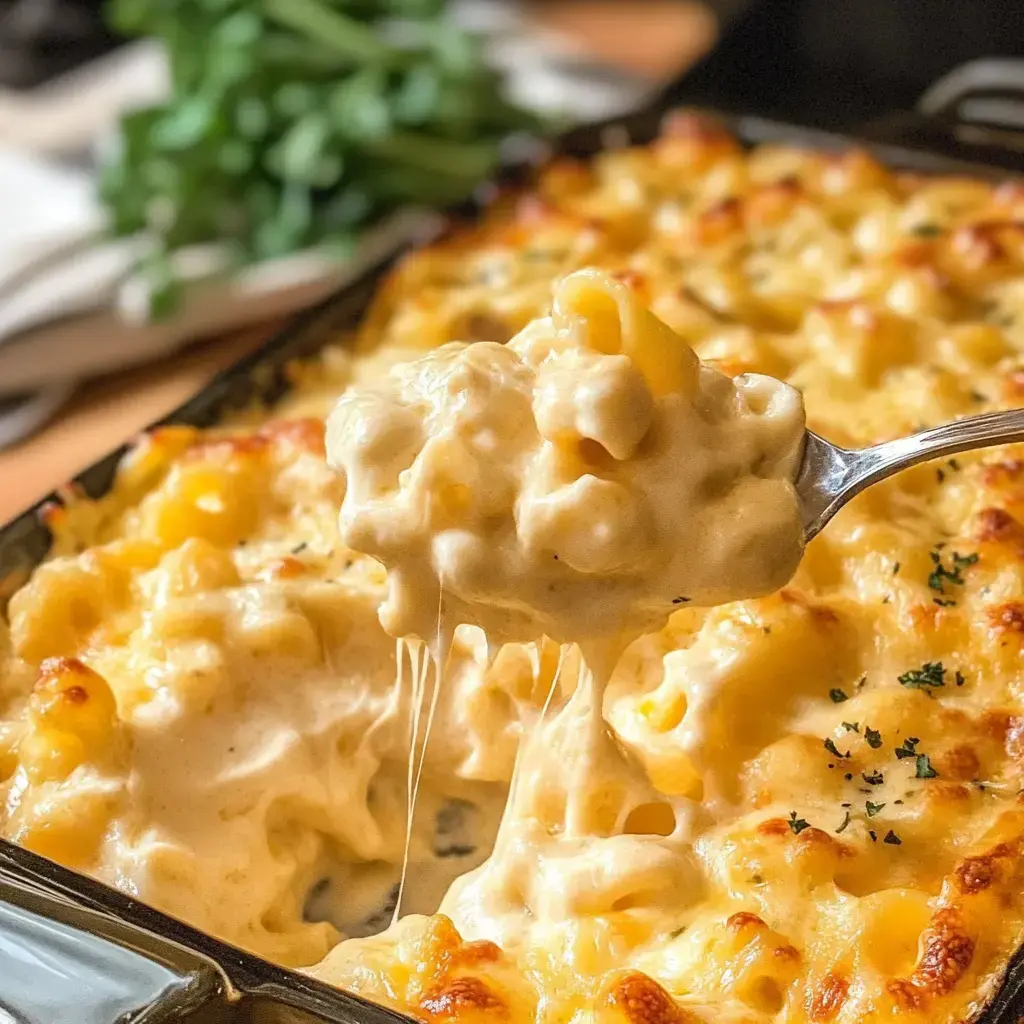 A close-up of a spoonful of creamy macaroni and cheese, with the dish in the background, showcasing gooey cheese stretching from the pasta.