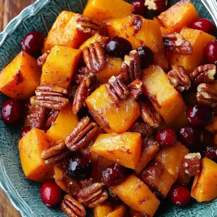 A colorful dish of diced roasted butternut squash mixed with pecans and cranberries, served in a decorative bowl.