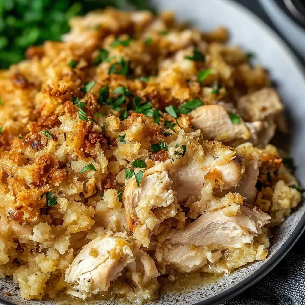 A plate of savory roasted chicken served with golden, crispy stuffing and garnished with chopped parsley.