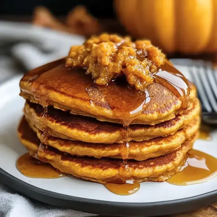 A stack of golden pancakes topped with syrup and a dollop of pumpkin spice spread is displayed on a white plate.