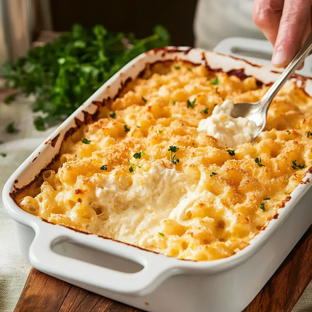 A creamy macaroni and cheese dish topped with breadcrumbs and garnished with parsley, being served from a white baking dish.