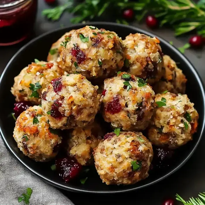 A black bowl filled with golden-brown meatballs garnished with parsley and accompanied by cranberry sauce.