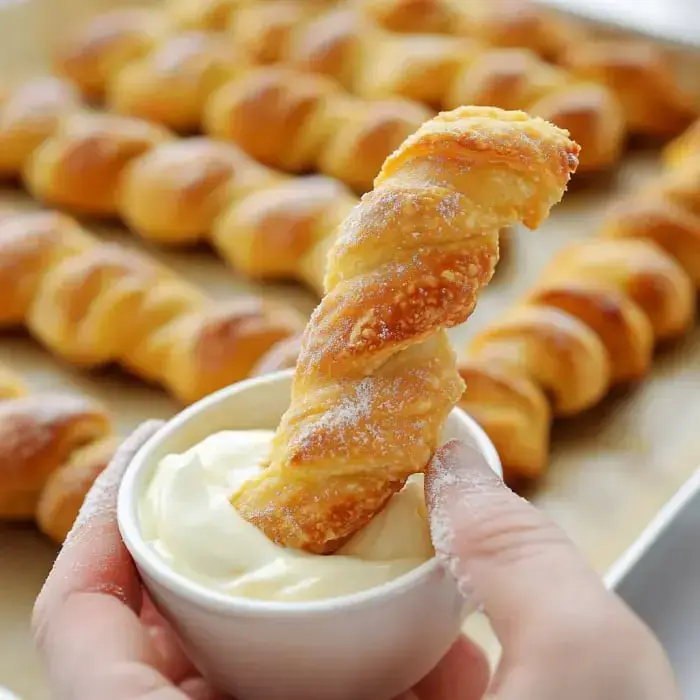 A hand dips a twisted pastry into a bowl of creamy dip, with more pastries visible in the background.