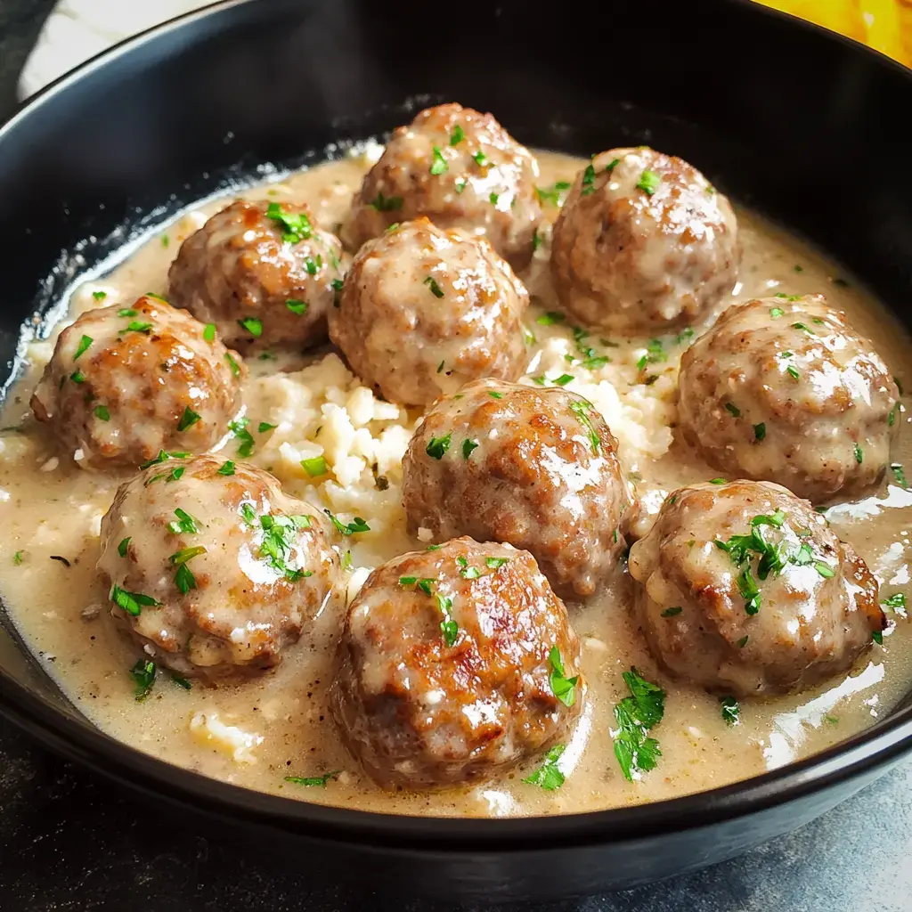 A black bowl filled with meatballs in creamy gravy, garnished with chopped parsley, served over a bed of rice.