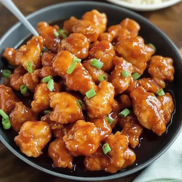 A bowl of glazed popcorn chicken is garnished with chopped green onions.