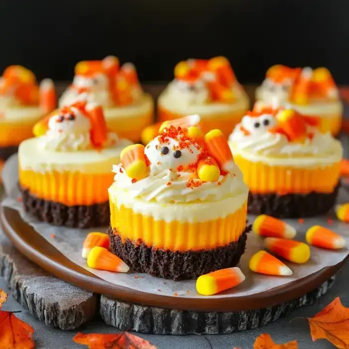 A platter of festive cupcakes decorated with orange and yellow frosting, topped with candy corn and sprinkles, surrounded by autumn leaves.