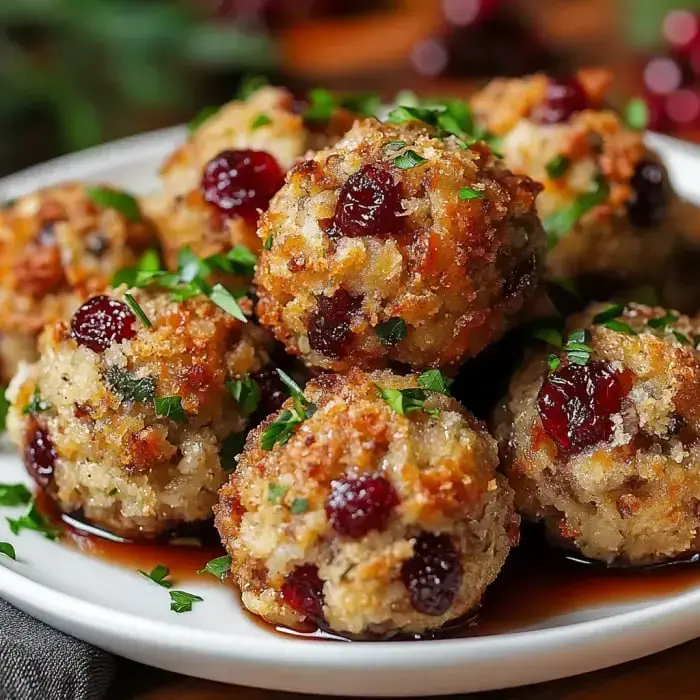 A plate of golden-brown cranberry and herb stuffing balls garnished with chopped parsley.