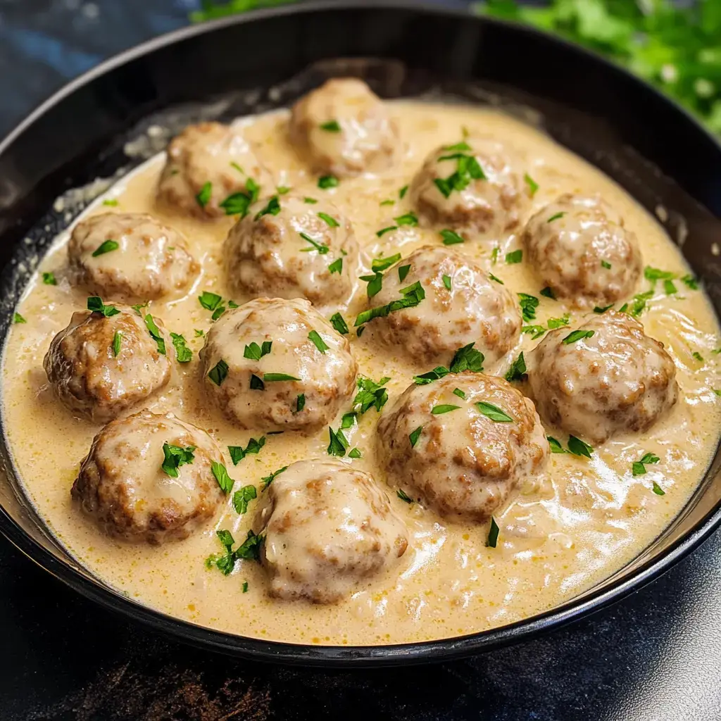 A black bowl filled with creamy meatballs garnished with chopped parsley.