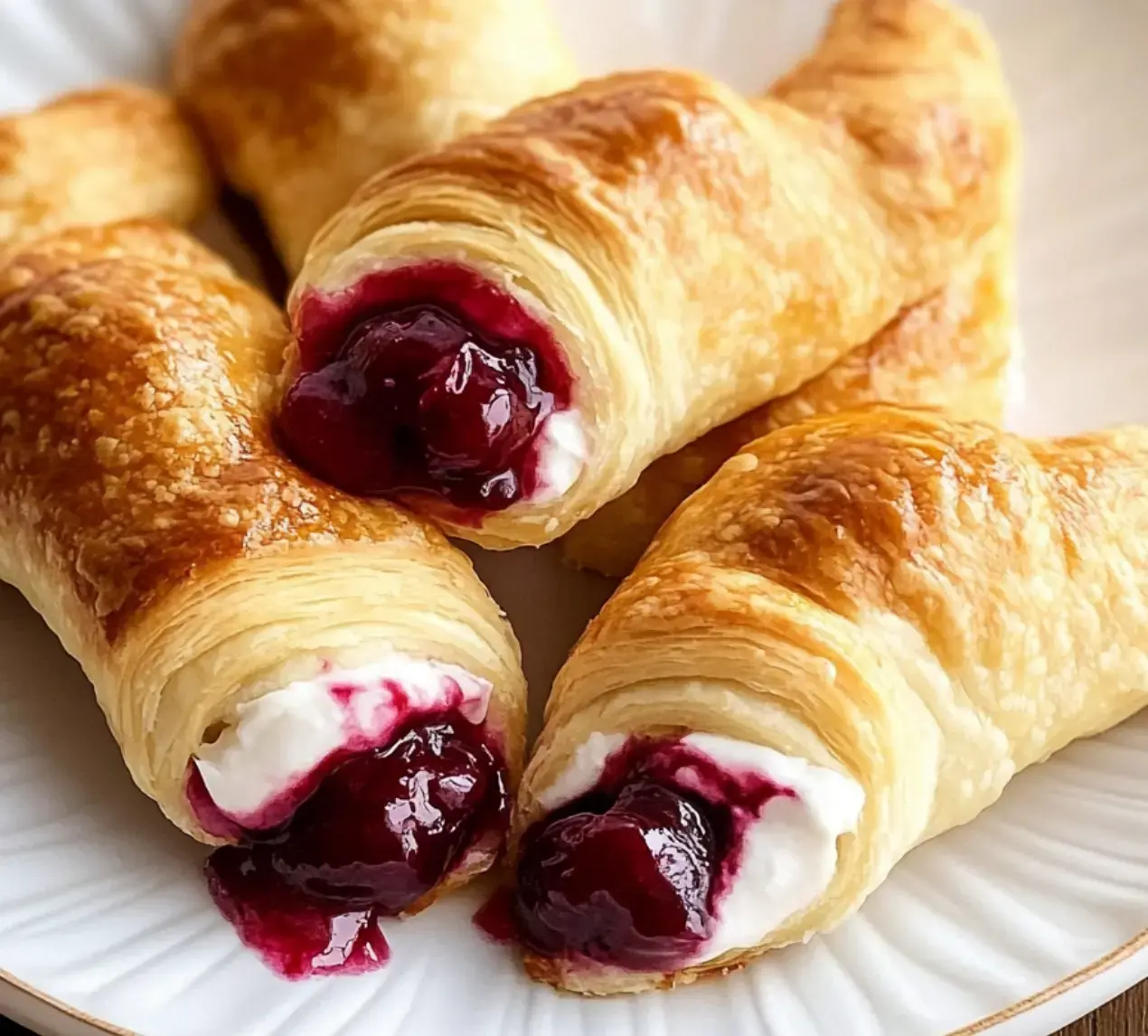 A plate of golden, flaky pastry rolls filled with cream and cherry jam.