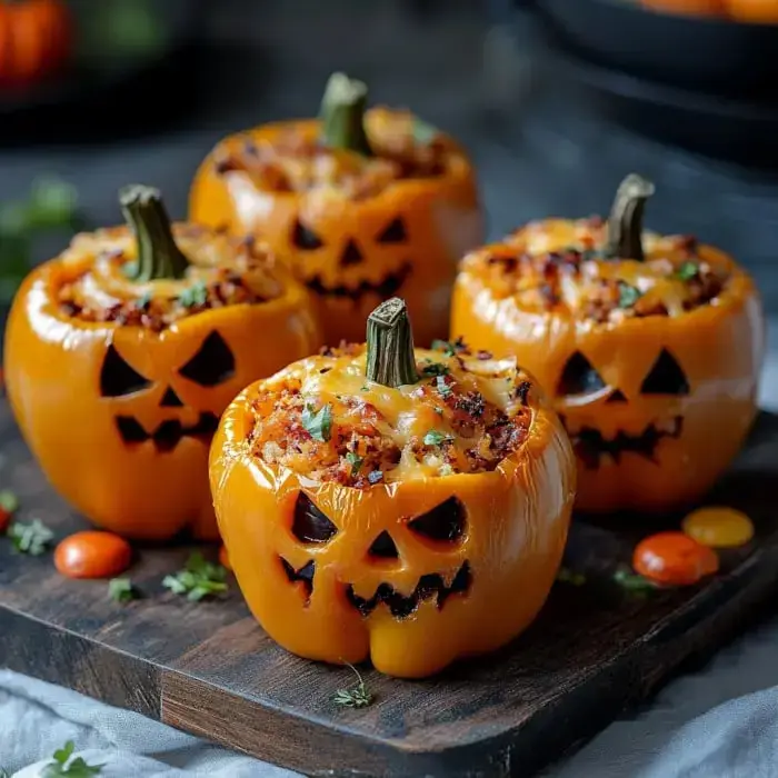 Four carved, Halloween-themed stuffed orange bell peppers with jack-o'-lantern faces, sitting on a wooden cutting board.