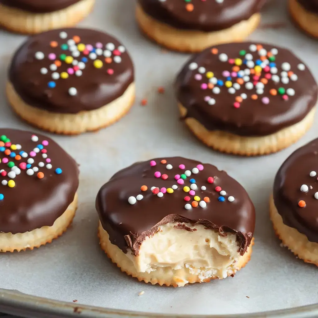 A close-up of round cookies topped with chocolate and colorful sprinkles, with one cookie partially bitten to reveal a creamy filling.