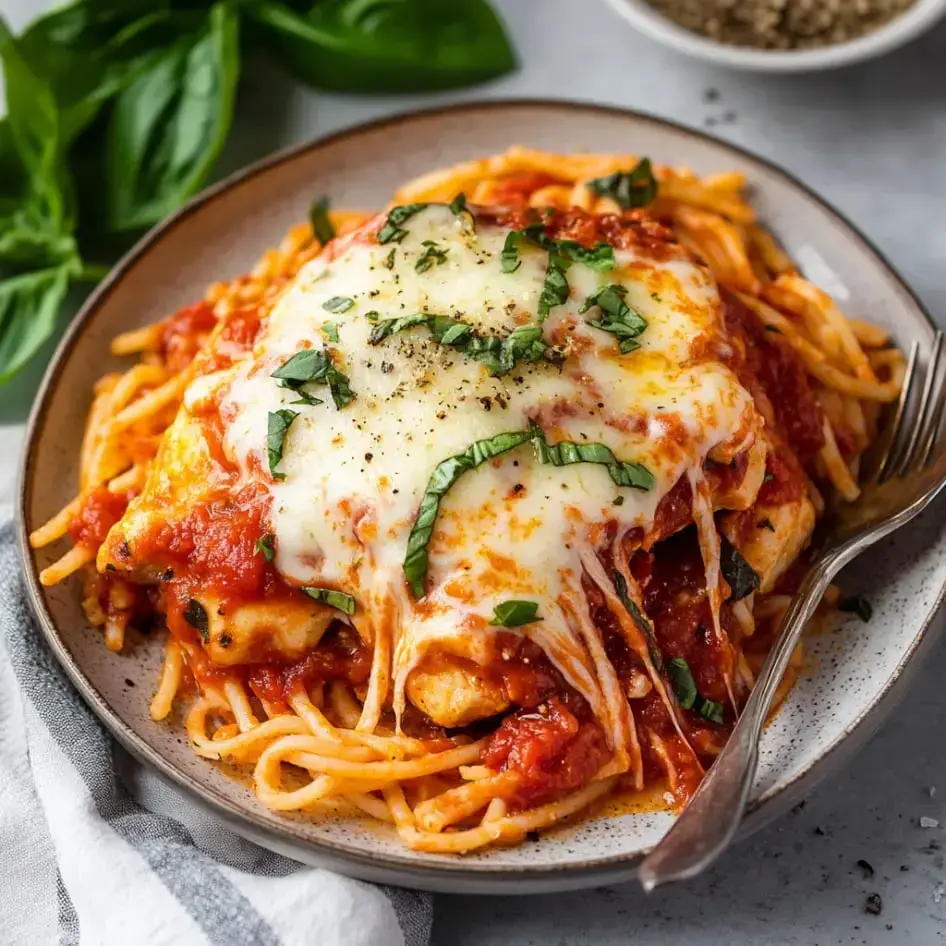 A plate of spaghetti topped with marinara sauce, melted cheese, and fresh basil, garnished with black pepper.