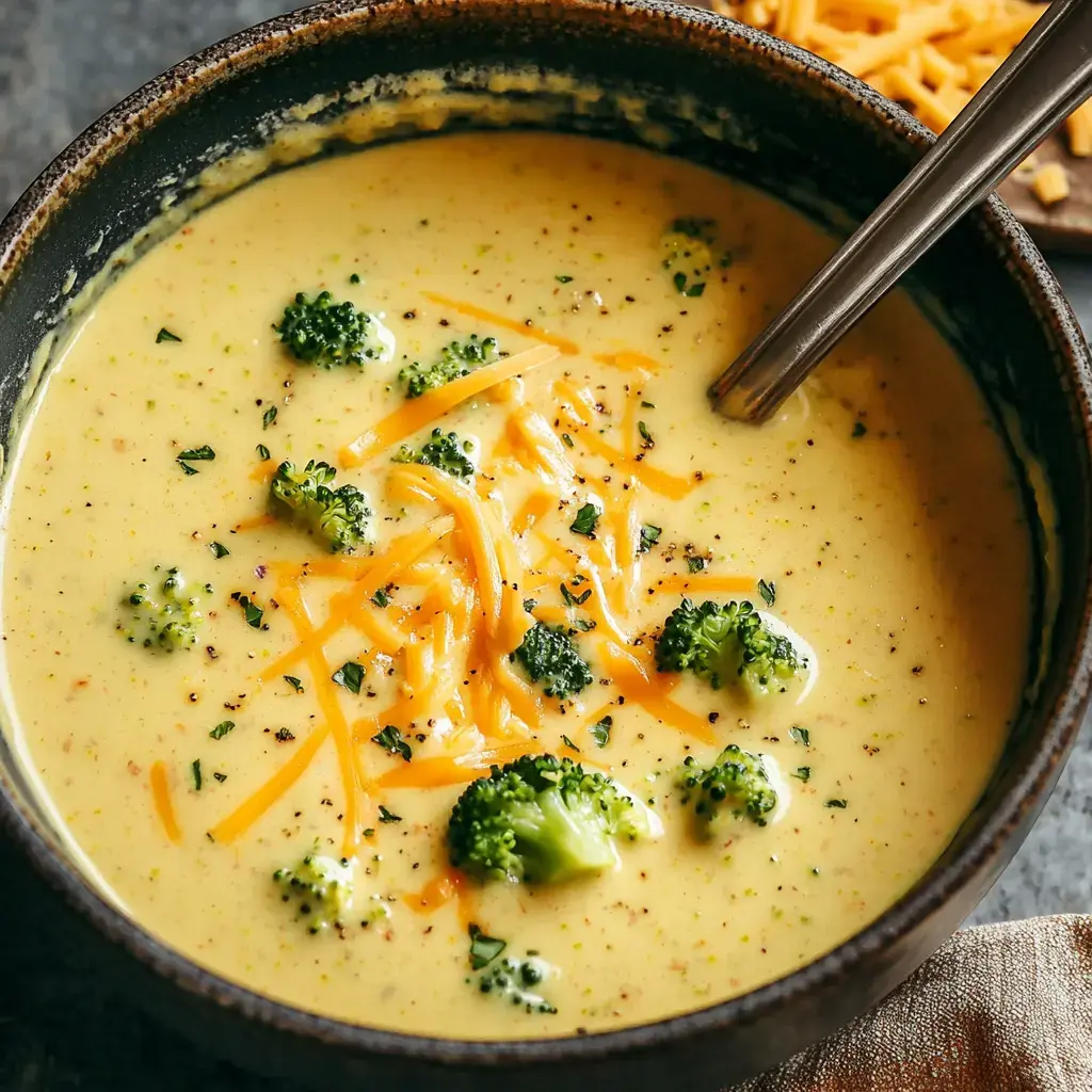 A bowl of creamy broccoli cheddar soup topped with shredded cheese and fresh broccoli florets.