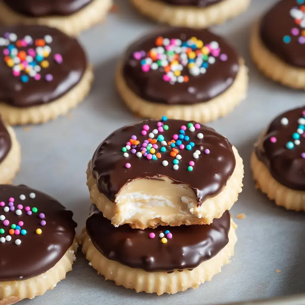 A close-up of chocolate-dipped cookies filled with cream, some topped with colorful sprinkles, with one cookie partially bitten.