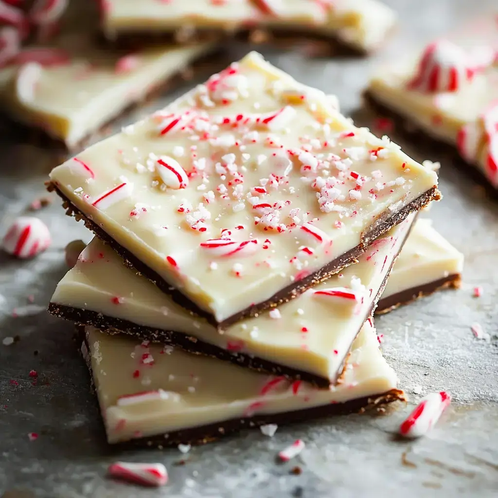 A stack of chocolate peppermint bark topped with crushed candy canes sits on a textured surface.