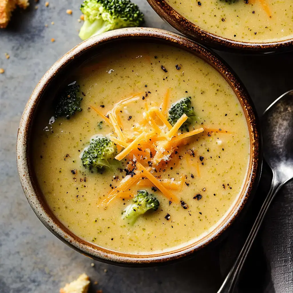 A close-up of a bowl of broccoli cheese soup topped with shredded cheese and black pepper, accompanied by a spoon and some broccoli florets.