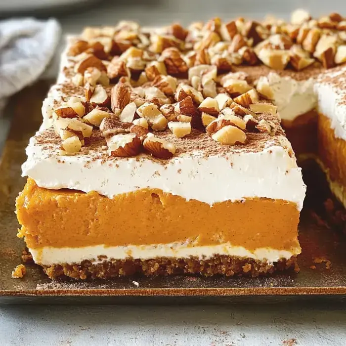 A layered pumpkin dessert topped with whipped cream and chopped nuts sits on a baking tray.