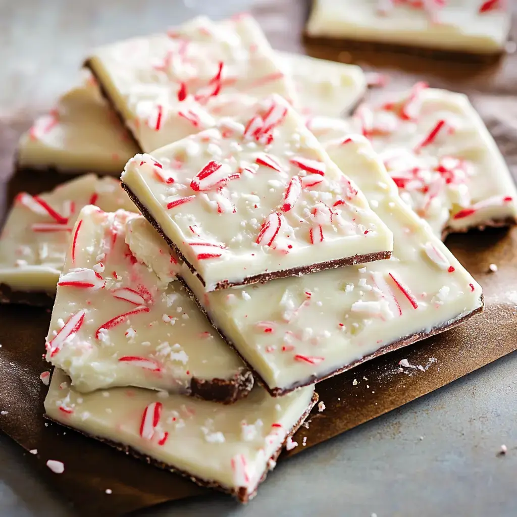 A pile of peppermint bark, featuring layers of white chocolate topped with crushed peppermint candies on a dark surface.