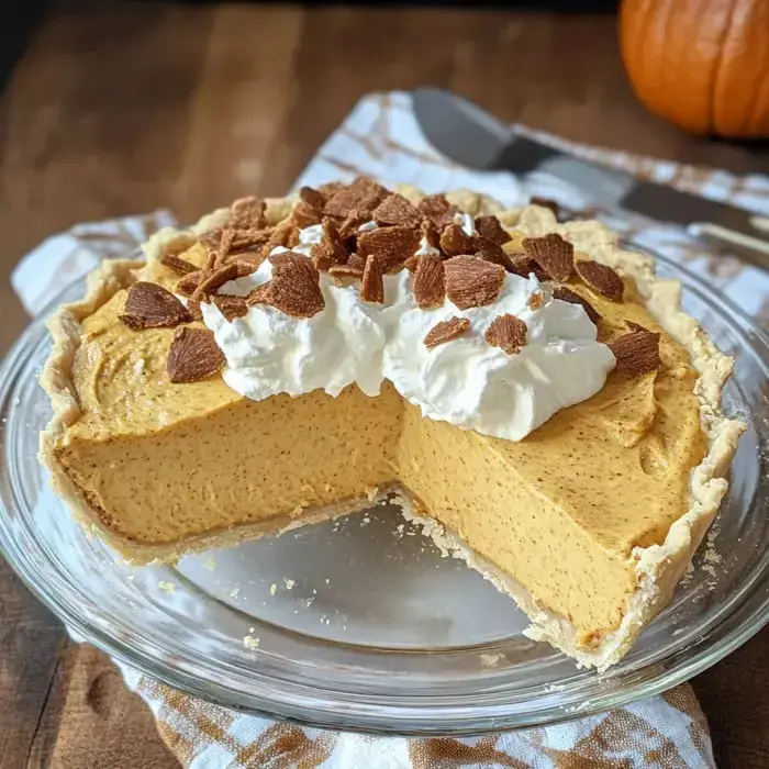 A sliced pumpkin pie topped with whipped cream and cookie crumbs rests on a glass pie dish on a wooden table.