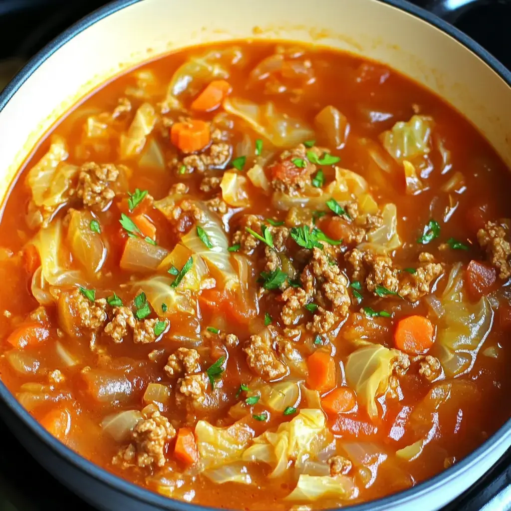 A pot of hearty cabbage soup with ground meat, carrots, and herbs simmering in a rich tomato broth.