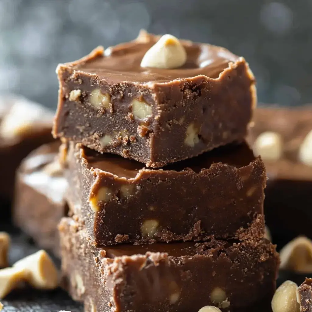 A stack of rich chocolate fudge squares, studded with walnuts and topped with a chocolate chip.