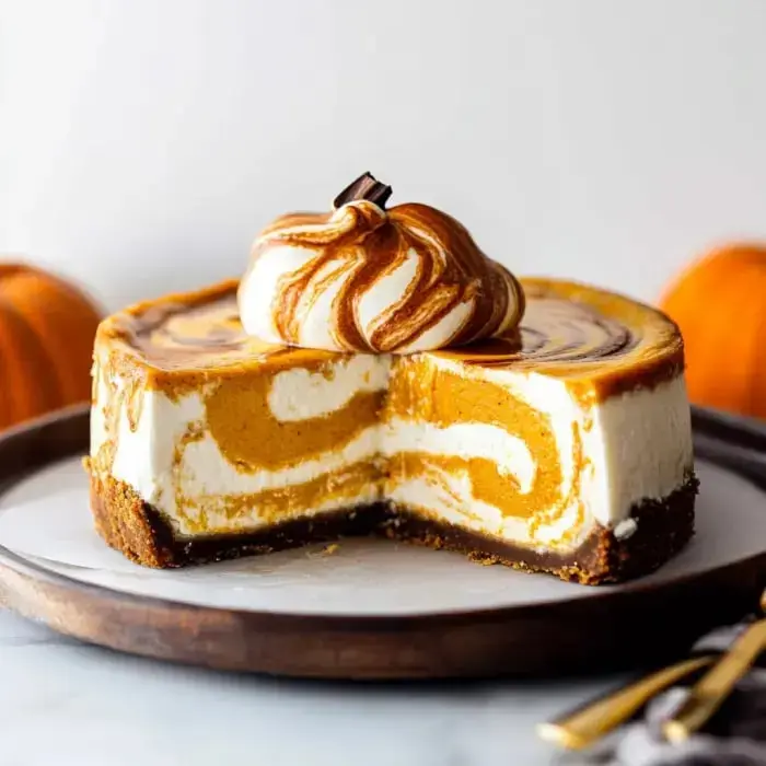 A slice of pumpkin cheesecake with creamy swirls, topped with a dollop of whipped cream, sits on a wooden plate beside small pumpkins.