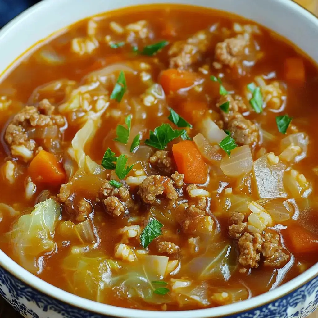 A bowl of hearty soup with ground meat, rice, carrots, cabbage, and garnished with parsley.