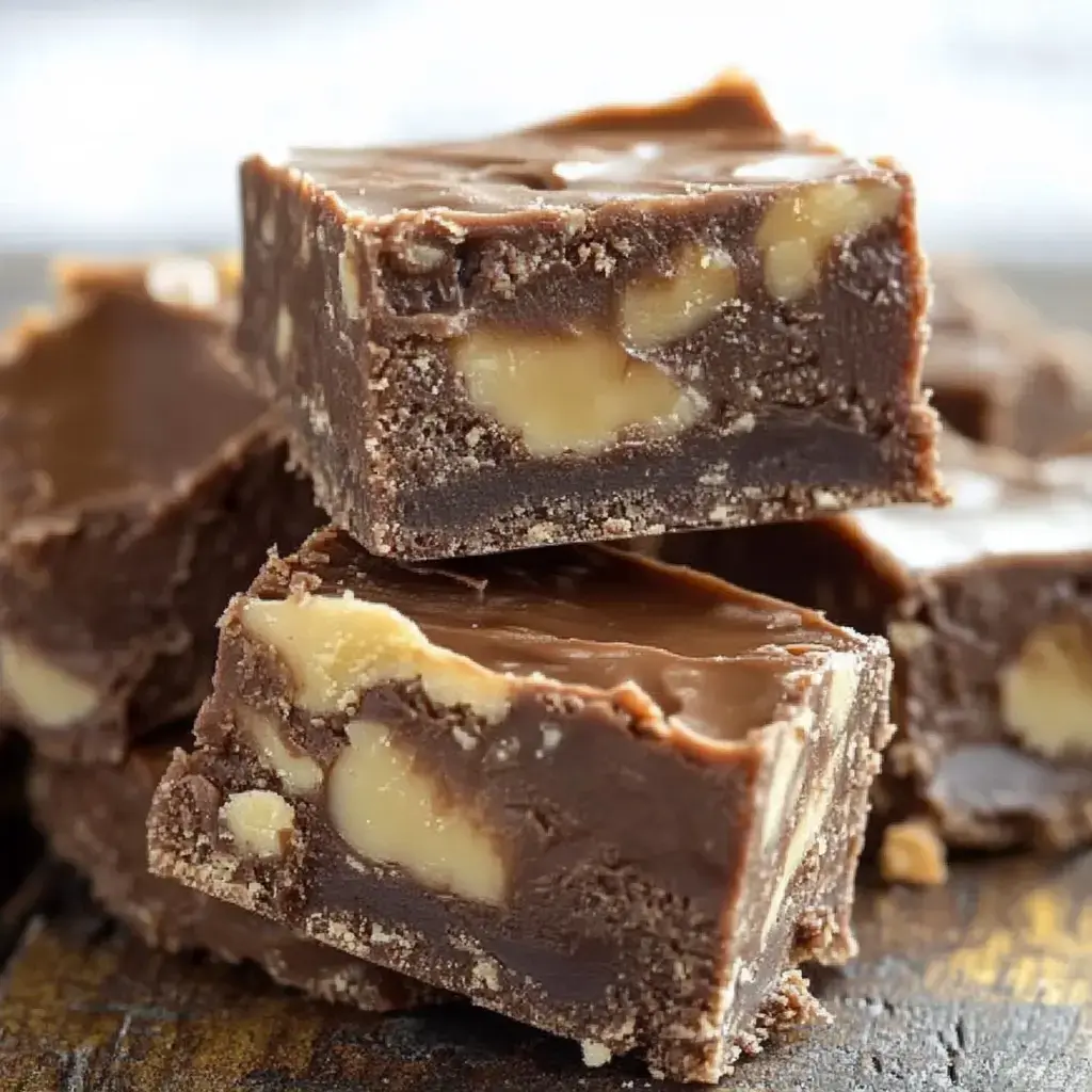 A close-up image of stacked chocolate fudge pieces with visible walnut chunks.