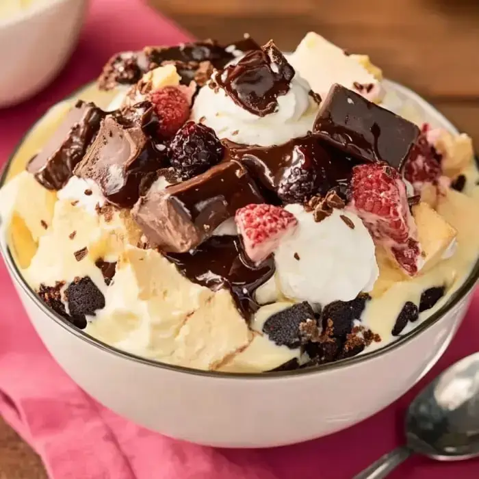 A bowl of dessert featuring layers of vanilla ice cream, chocolate chunks, raspberries, whipped cream, and chocolate sauce on top.