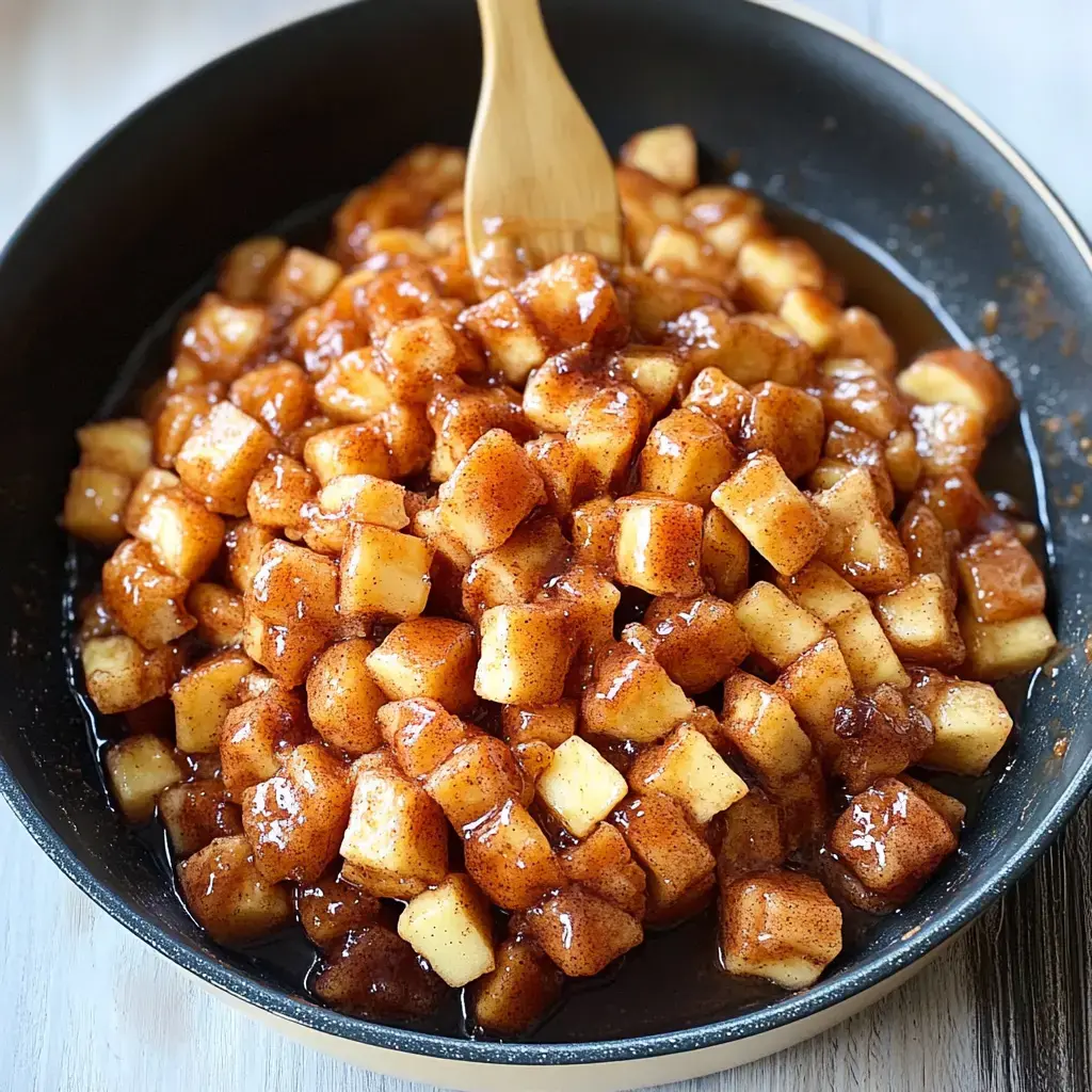 A close-up view of diced apples coated in a glossy, cinnamon-sugar mixture in a black skillet.