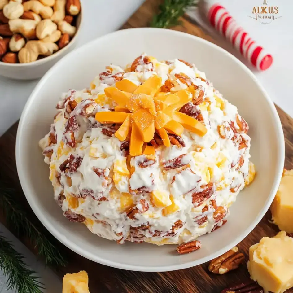 A creamy dessert salad topped with cheddar cheese and pecans, served in a white bowl alongside a dish of mixed nuts.