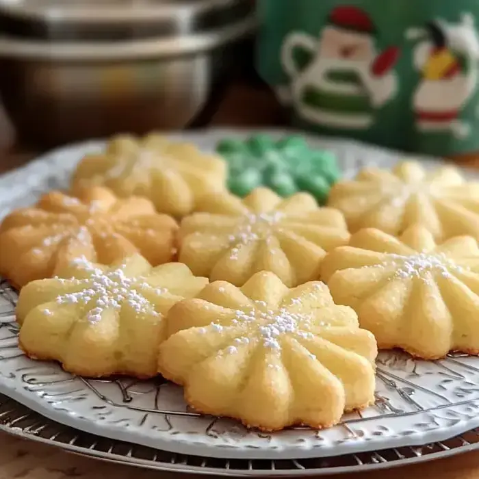 A plate of beautifully shaped, lightly powdered sugar cookies in various pastel colors.