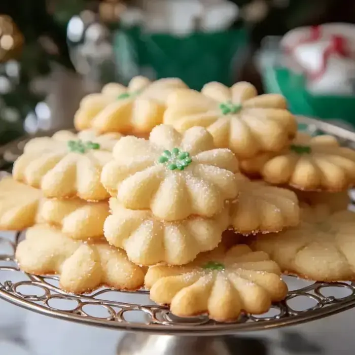 A decorative platter holds a stack of flower-shaped cookies, lightly dusted with sugar and adorned with green decorations.