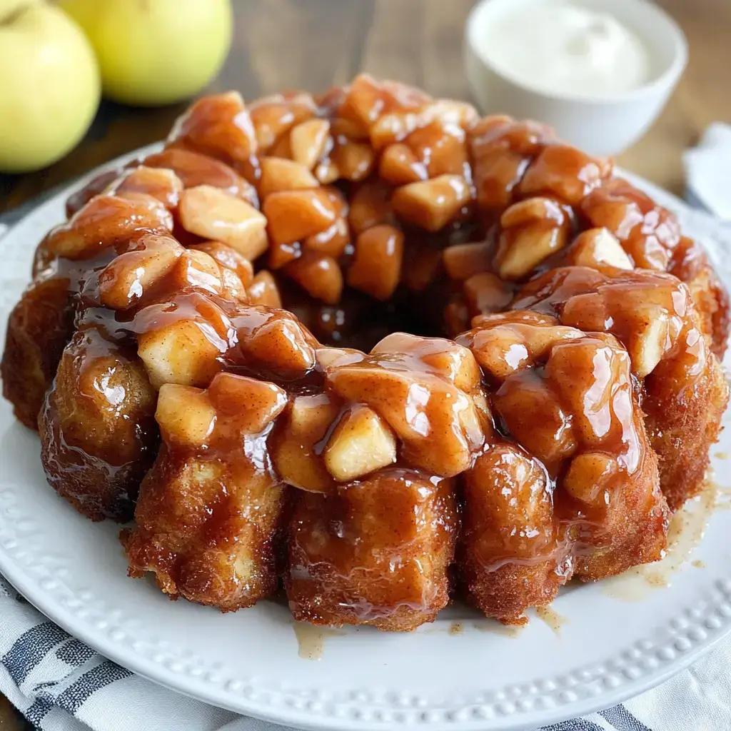 A golden-brown apple bundt cake topped with gooey caramel sauce and chunks of apples, served on a white plate with a small bowl of cream in the background.