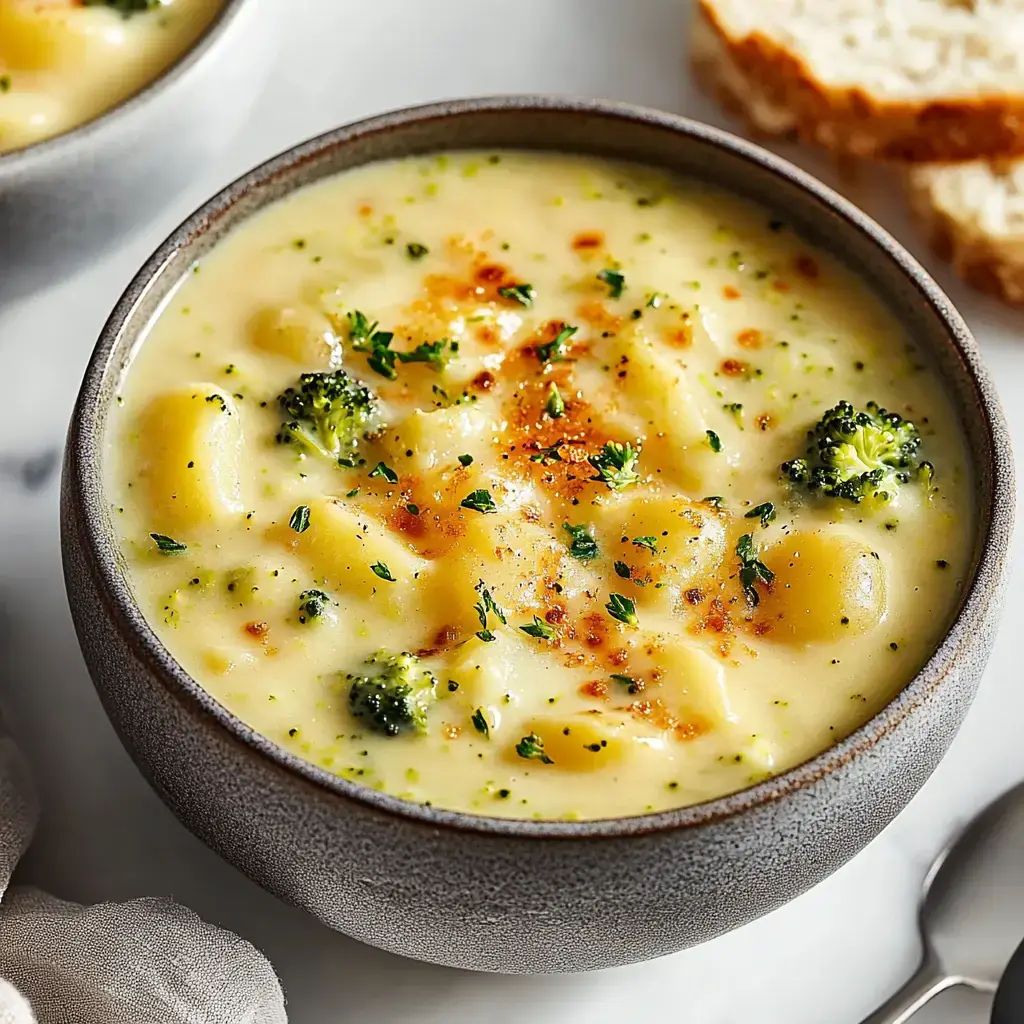 A bowl of creamy broccoli and potato soup garnished with herbs and spices, alongside pieces of bread.