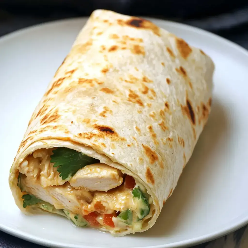 A grilled chicken wrap filled with cheese, vegetables, and cilantro, presented on a white plate.