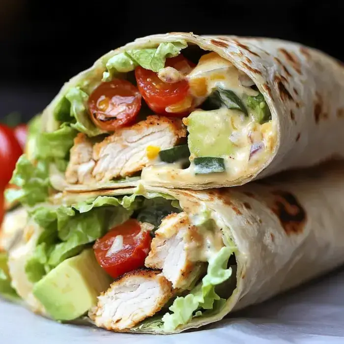 A close-up of two chicken wraps filled with lettuce, tomatoes, avocado, and a creamy sauce, displayed against a dark background.