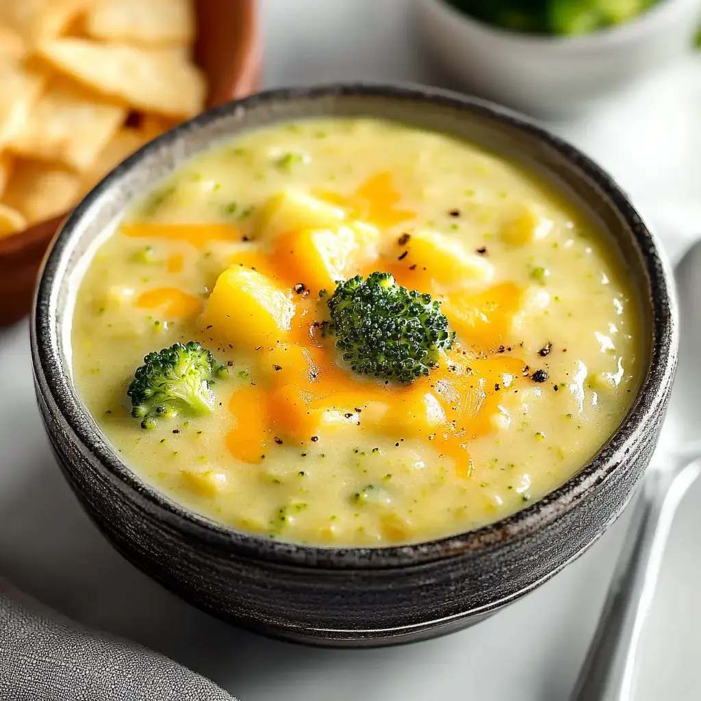 A bowl of creamy broccoli and cheese soup garnished with broccoli florets and cheese, with tortilla chips in the background.