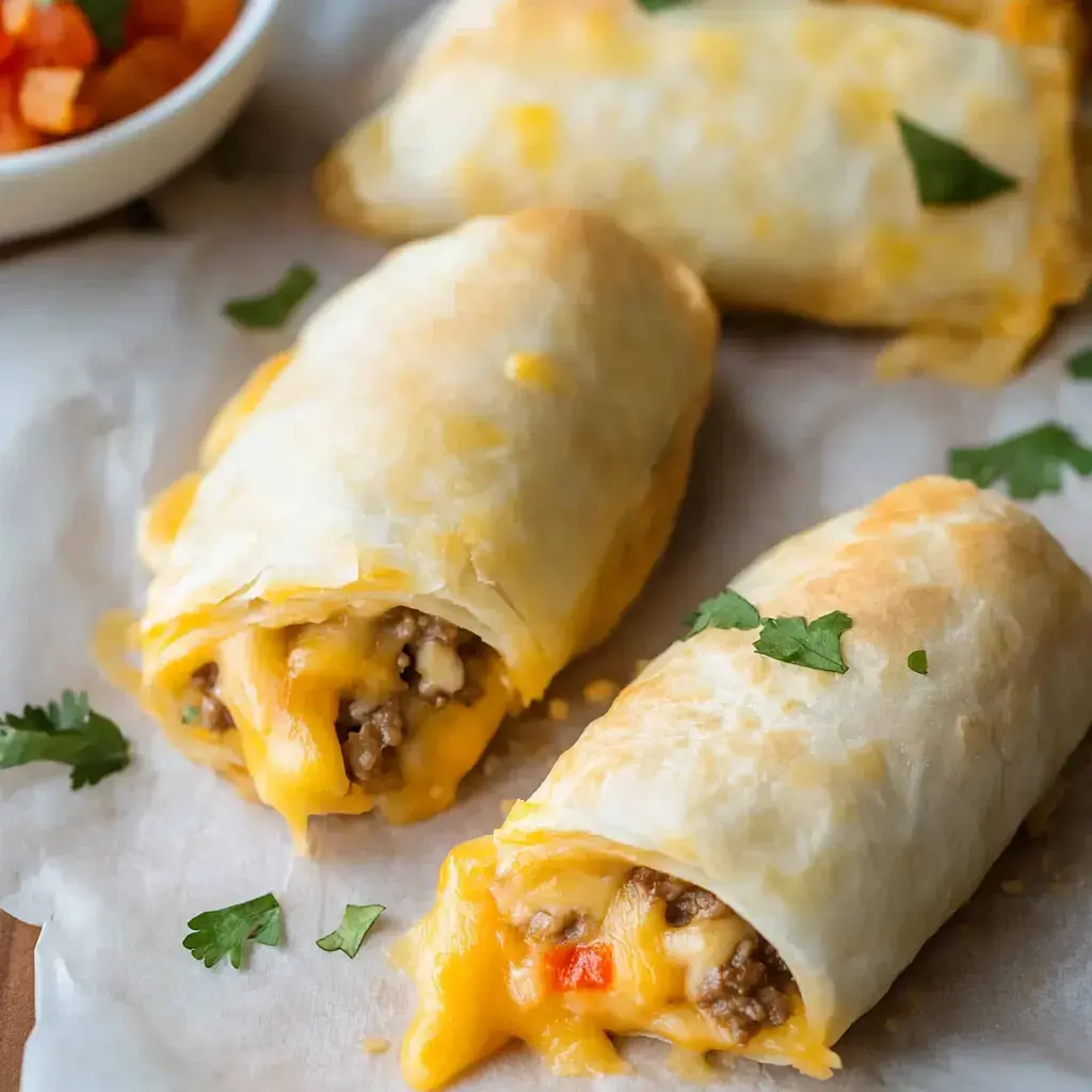 Three golden-brown, cheesy rolled pastries filled with ground meat and garnished with fresh cilantro, served alongside a small bowl of salsa.