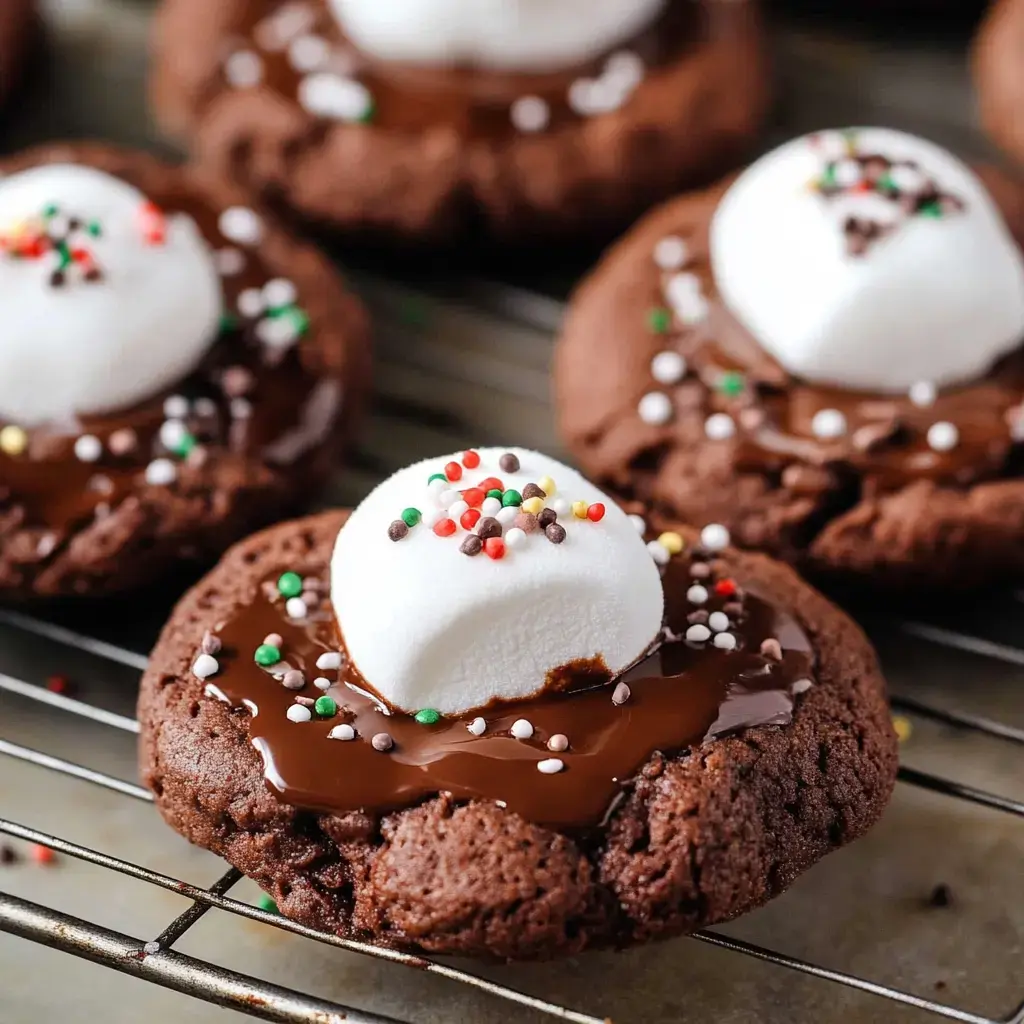 A close-up of freshly baked chocolate cookies topped with melted chocolate, a large marshmallow, and colorful sprinkles.