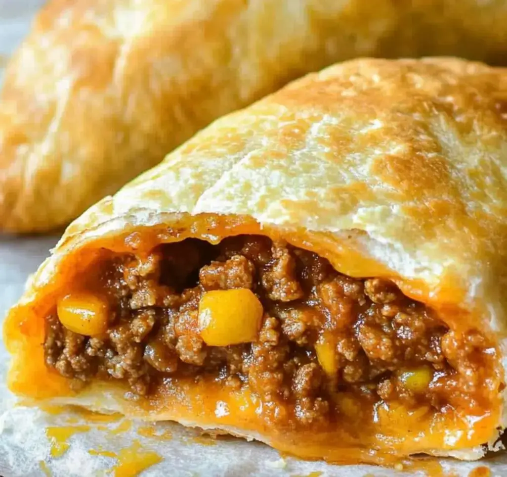 A close-up of a golden, flaky pastry filled with seasoned ground beef and diced yellow peppers.