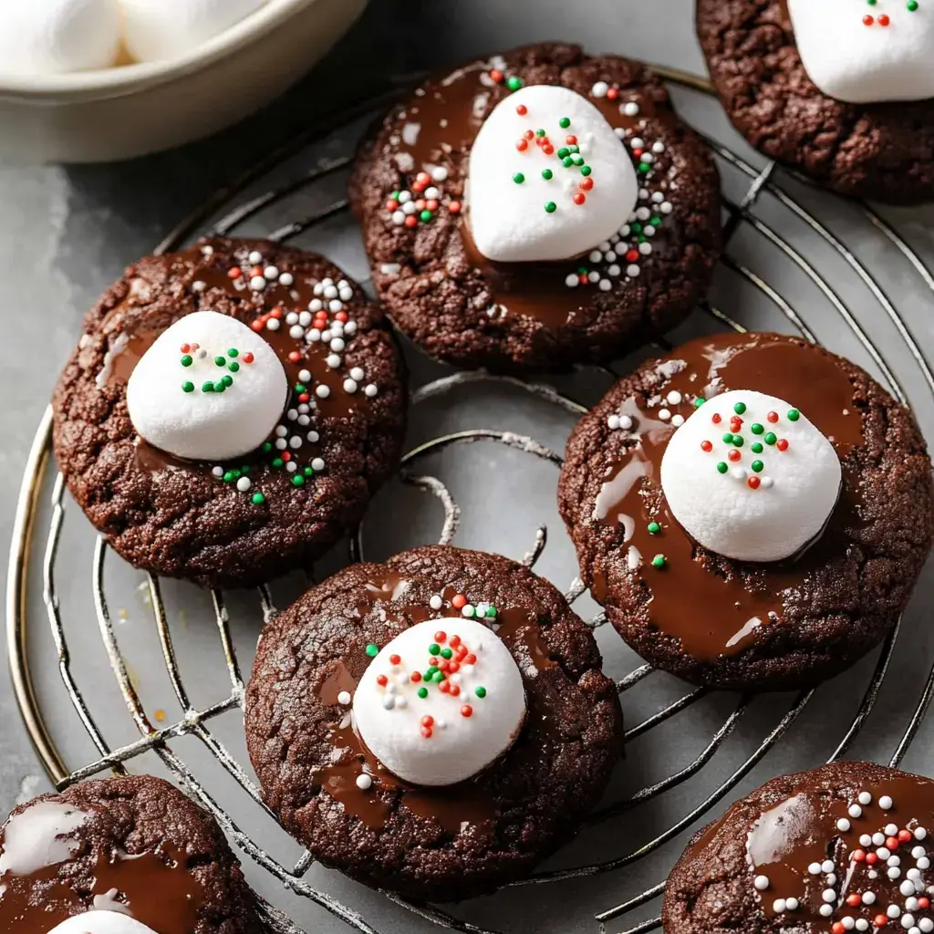 A close-up of chocolate cookies topped with melted chocolate, marshmallows, and festive colorful sprinkles.