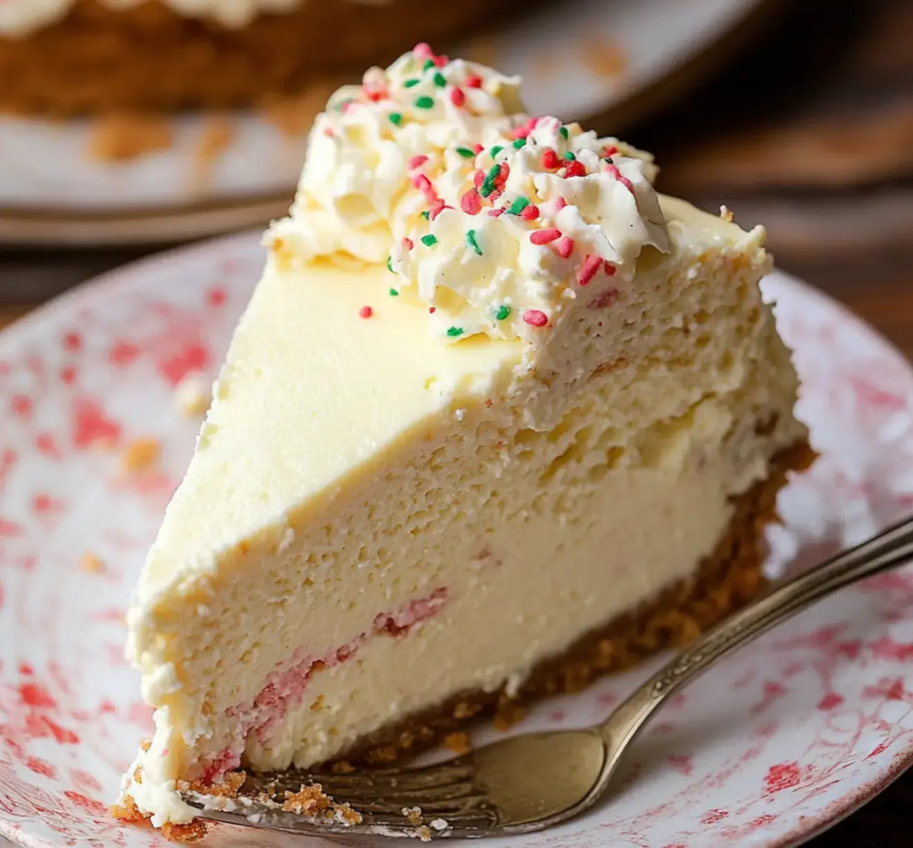 A slice of cheesecake with a smooth, creamy texture, topped with whipped cream and colorful sprinkles, rests on an ornate floral plate beside a fork.