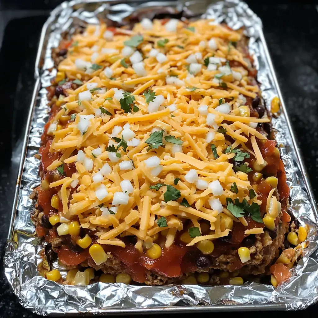 A baked dish topped with cheddar cheese, diced onions, cilantro, and sauce, featuring layers of corn and black beans on a foil-lined tray.