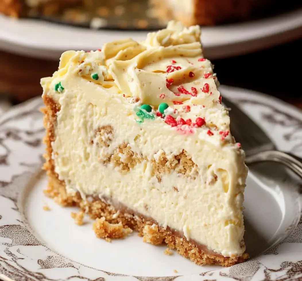 A slice of festive cheesecake topped with holiday sprinkles and resting on a decorative plate.