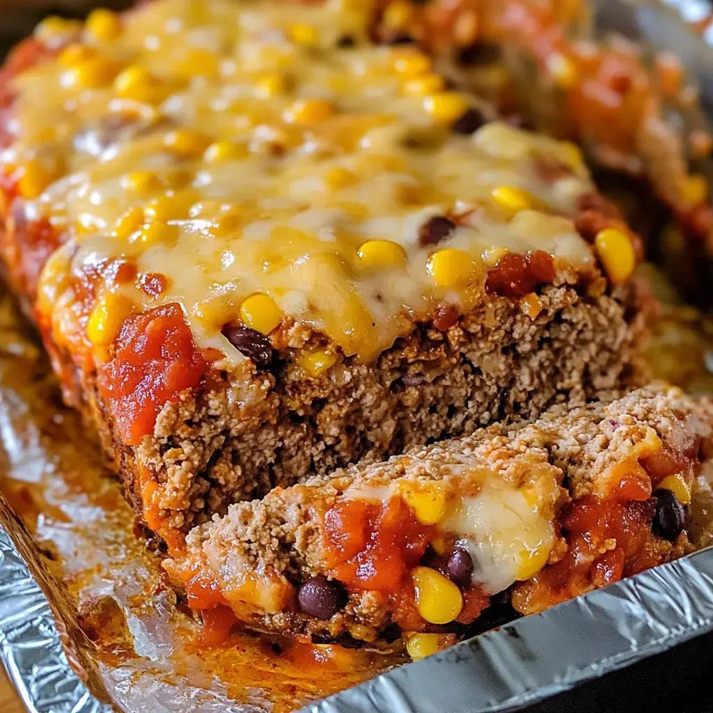 A sliced meatloaf topped with melted cheese, corn, and salsa, presented in a foil pan.