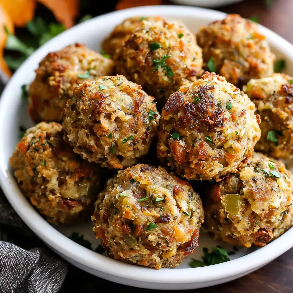 A close-up of a white bowl filled with golden-brown, herb-studded stuffing balls garnished with parsley.